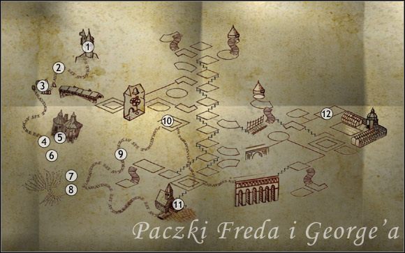 Notka do nr 1: szukaj jej na zewnątrz wieży, na jednej z krawędzi spory kawałek nad ziemią - strąci ją odlatujący ptak - Paczki Freda i Georgea | Encyklopedia Harry Potter i Zakon Feniksa - Harry Potter i Zakon Feniksa - poradnik do gry