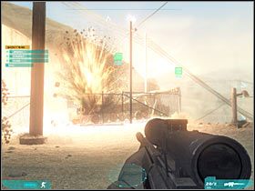 Proponowałbym ustawić teraz snajpera w przedstawionym na pierwszym screenie miejscu (#1) - Misja druga - Recon in Force (3a) | Akt pierwszy - Tom Clancys Ghost Recon: Advanced Warfighter 2 - poradnik do gry