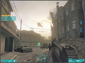 Swoich ludzi najlepiej ustaw przy wskazanej na screenie furgonetce (#1) lub znajdującym się po lewej stronie pojeździe - Misja druga - Joining forces (2) | Akt drugi - Tom Clancys Ghost Recon: Advanced Warfighter 2 - poradnik do gry