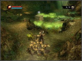 Przeprowadź ostrożnie chochliki w dół po pnączu, aby przesunęły głaz i utworzyły most - [Solucja Overlord] Locate the Green Minion lair - Overlord - poradnik do gry