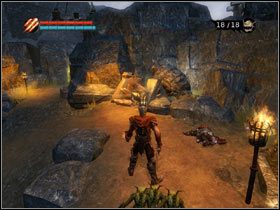 Niedaleko, we wnęce, nieco w dół od tego miejsca, znajdziesz obiekt, który musisz przenieść do teleportu (#1), zabijając po drodze krasnale, a potem naprawiając mostek (#2) - [Solucja Overlord] Gain access to the Mother Goddes statue ... - Overlord - poradnik do gry