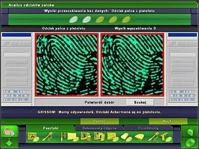 Wybierz teraz drugą zakładkę, czyli badanie między innymi bieżników - Laboratorium #8, Biuro Brassa #8 | Śledztwo 5 | CSI 3 Wymiary Zbrodni - CSI: 3 Wymiary Zbrodni - poradnik do gry