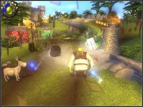 Zniszcz znak z lewej strony i podnieś pierwszy kufel - [Solucja] Etap 4 - Stare ruiny | Shrek Trzeci - Shrek Trzeci - poradnik do gry