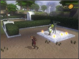 Zacznij rozprawiać się z wiedźmami oraz niszczyć zielone posągi ustawione po okręgu - [Solucja] Etap 6 - Teren Akademii | Shrek Trzeci - Shrek Trzeci - poradnik do gry