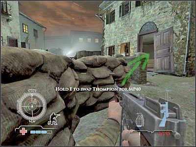 Z aktualnie okupowanego miejsca bez większych problemów będziesz mógł przebiec do budynku, w którym znajdują się snajperzy - Locate Missing Sniper Team | Operation Husky w Medal of Honor Airborne - Medal of Honor: Airborne - poradnik do gry