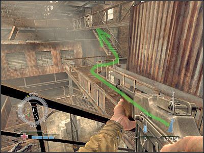 Po dotarciu do zniszczonego fragmentu skręć w lewo - Sabotage Tank Factory Control Room (cz.2) | Operation Varsity | Airborne - Medal of Honor: Airborne - poradnik do gry