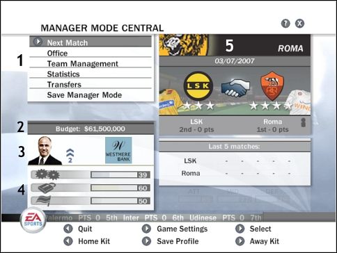 Główne okno trybu menedżerskiego - Klub | Tryb menedżerski | FIFA 08 - FIFA 08 - poradnik do gry