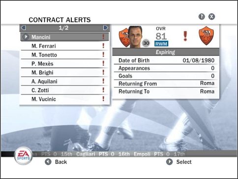 Z pomocą w podpisywaniu nowych kontraktów przychodzi menu Wiadomości o Kontraktach (Contract Alerts) - Praca z piłkarzami | Tryb menedżerski | FIFA 08 - FIFA 08 - poradnik do gry