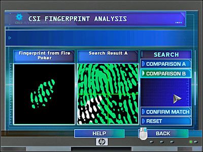 Wróć się do menu głównego i wybierz drugą zakładkę, czyli badanie odcisków butów (Shoeprints/Tire Treads) - In Your Eyes (3) | Śledztwo 4 | CSI Kryminalne Zagadki Las Vegas - CSI: Kryminalne Zagadki Las Vegas: Niezbite dowody - poradnik do gry