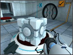 Zeskocz wraz z kostką na dół i połóż ją na jednym z czerwonych przycisków - Pomieszczenie testowe nr 05 | Portal - Portal - poradnik do gry