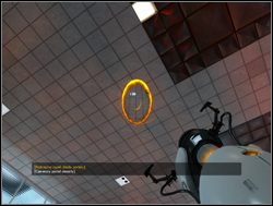 Zeskocz na dół i stwórz pomarańczowy portal w suficie w miejscu, gdzie pada czerwone światło z urządzenia umieszczonego na podłodze - Pomieszczenie testowe nr 13 | Portal - Portal - poradnik do gry