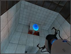 Po wyjściu z windy zobaczysz przed sobą szklaną ścianę, a nad nią pole cząsteczkowe - Pomieszczenie testowe nr 15 | Portal - Portal - poradnik do gry