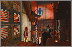 W pomieszczeniu, do którego dojdziesz, stwórz niebieski portal w ścianie nad złamaną platformą, a drugi obok siebie, by przez niego dostać się na platformę - Pomieszczenie testowe nr 19 (cz.1) | Portal - Portal - poradnik do gry