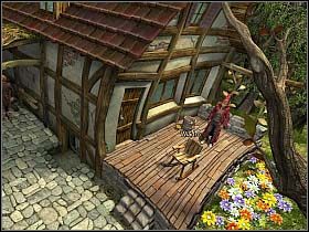 Natomiast, wszedłszy po schodkach na ganek, w przydomowym ogródku dostrzega wbitą w rabatkę łopatę - Uratować Magiczne Królestwo cz.2 | Simon the Sorcerer 4 - Simon the Sorcerer 4 - poradnik do gry