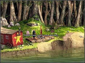 Szczęśliwie, nasz bohater przypomina sobie, że nad brzegiem rzeki rozgościła się trupa aktorska - Uratować Magiczne Królestwo cz.14 | Simon the Sorcerer 4 - Simon the Sorcerer 4 - poradnik do gry