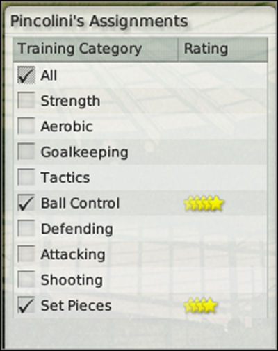 Po jednej stronie mamy rodzaje treningu (Training Category ) a po drugiej umiejętności danego trenera (Rating ) - Asystenci i trenerzy (1) - Prowadzenie drużyny - Football Manager 2008 - poradnik do gry