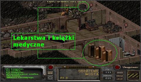 W skrytce na ścianie i w szafkach poniżej, znajdziemy mnóstwo lekarstw i kilka książek medycznych - Baza Wojskowa | Opis przejścia | Fallout 2 - Fallout 2 - poradnik do gry