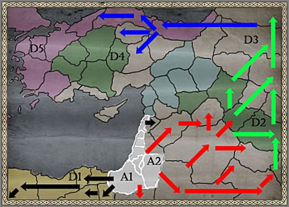 Zalecane Ruchy wojsk opisane w Akcie I, zaznaczone są czarnymi strzałkami - Królestwo Jerozolimy - Ekspansja - CRUSADES - Medieval II: Total War - Królestwa - poradnik do gry