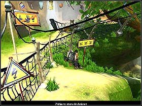 Idąc w prawo i przechodząc pod wodospadem, zejdziesz z posągu i ścieżką prowadząca w dół (w prawo) lub w górę (w lewo) dotrzesz odpowiednio: do zwalonego drzewa (tyle że od drugiej strony), sprzed którego zabierz płaski kawałek drewna albo pod znajdujące się pod napięciem ogrodzenie posiadłości Dok - Rozdział IV - Zapłata i rejs powrotny? (cz.3) - Jack Keane - poradnik do gry