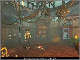 Wyjdź na zewnątrz i przy pomocy podbieraka wytrąć siedzącemu przy skrzynkach pelikanowi otwartą zardzewiałą puszkę - Rozdział VIII - Decyzja Jacka - Jack Keane - poradnik do gry