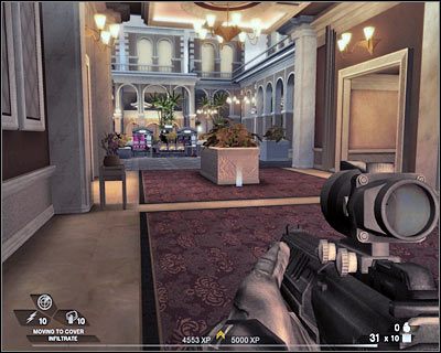 W pierwszej kolejności pozbaw życia wrogiego snajpera, którego lokalizacja przedstawiona jest na screenie - Kasyno (cz.1) | Akt 5 - Teatr | Rainbow Six Vegas 2 - Tom Clancys Rainbow Six Vegas 2 - poradnik do gry