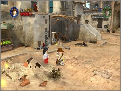 Idź w dół, aż dojdziesz do straganu z bananami i małpą - Chapter 3 - City of Danger (cz.1) - Poszukiwacze Zaginionej Arki - LEGO Indiana Jones: The Original Adventures - poradnik do gry