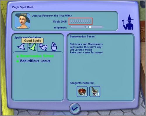 Okno księgi magicznej zawiera informacje na temat dostępnych czarów oraz aktualnego poziom doświadczenia postaci. - [Magia] Rozwój umiejętności magicznych - Najważniejsze informacje - The Sims 2: Osiedlowe życie - oficjalny polski poradnik - poradnik do gry