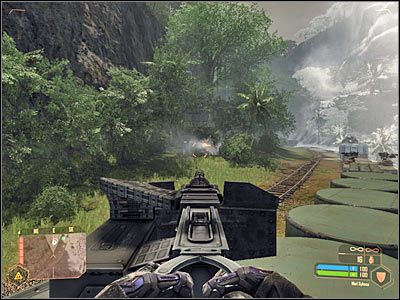 Błyskawicznie obróć się teraz w prawo i pozbaw życia pokazanego na screenie snajpera - Pozostawanie w zasięgu pociągu #2 | Misja 6 | Crysis Warhead - Crysis: Warhead - poradnik do gry