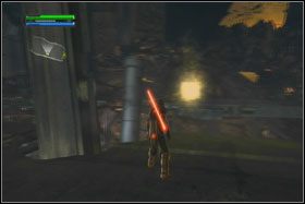 Aby się dostać do reszty, złap Mocą kadłub AT-ST i ustaw go tak, aby wskoczyć po nim na jedną z bocznych ramp - Misja 02 - Raxus Prime (cz.3) - Star Wars: The Force Unleashed - poradnik do gry