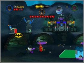 Gdy już zniszczysz wszystkie jaskinie, użyj batarangu na czerwonych światełkach, które są nad nimi, a otrzymasz Kanister (#6) - Penguins Lair (cz.2) | Heros Episode 2 | LEGO Batman The Videogame - LEGO Batman: The Videogame - poradnik do gry