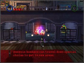 Przez fioletową furtkę puść pingwinka-bombę i pociągnij za dźwignię po lewej - Stealing the Show (cz.2) | Villiant Episode 5 | LEGO Batman The Videogame - LEGO Batman: The Videogame - poradnik do gry