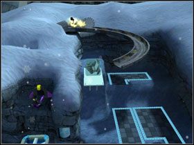 Użyj wiatraka, by dolecieć do fioletowej furtki, po czym puść przez nią bombkę skaczącą - Arctic World (cz.1) | Villiant Episode 5 | LEGO Batman The Videogame - LEGO Batman: The Videogame - poradnik do gry