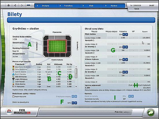 Ekran biletów umożliwia zarządzanie jednym z głównych źródeł dochodu w Fifa Manager 09, którym jest sprzedaż biletów - Bilety - Klub - FIFA Manager 09 - poradnik do gry