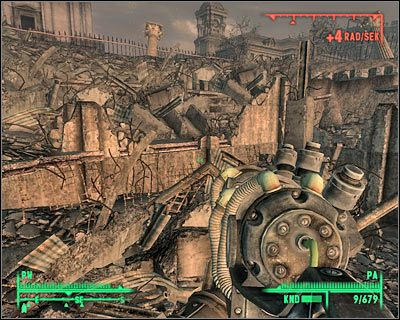 Wskaźnik w prawym górnym rogu ekranu informuje o natężeniu promieniowania - Zagrożenia | Świat gry Fallout 3 - Fallout 3 - poradnik do gry