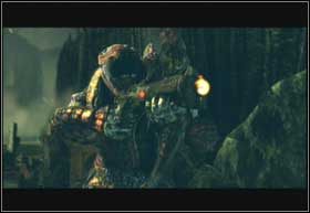 Idąc wzdłuż jeziora najpierw natkniesz się na Therona wyposażonego w kuszę z bełtami napełnionymi wybuchającą imulsją - Wysiedlenie | Nadciągająca burza | Gears of War 2 - Gears of War 2 - poradnik do gry