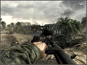 Kolejnym celem w tej misji jest zrujnowany budynek (#40), w którym chroni się duża grupa wrogów - Twarde lądowanie (cz.1) | Kampania Call of Duty World at War - Call of Duty: World at War - poradnik do gry