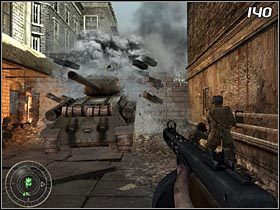 Skieruj się do budynku, który oczyściłeś przed chwilą (#139) i podążaj przed siebie, jedyną dostępną drogą - Stalowe koło | Kampania Call of Duty World at War - Call of Duty: World at War - poradnik do gry