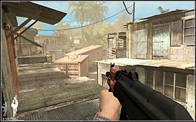 Wejdź na pierwszą drabinę [03] i idąc balkonem, przejdź do samego końca, po czym przeskocz na dwa kontenery, a z nich na ziemię - Etap V - Shanty Town | Quantum of Solace - Quantum of Solace - poradnik do gry