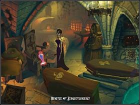 Ostatecznie Mona na stojącej po lewej rozgniatarce (krzesło tortur) kładzie mieszankę owocowo-orzechową i wyciska z niej olej, którego nabiera do flakonu po lotionie do ciała - Sala tortur, loch - Zamek Warg - A Vampyre Story - poradnik do gry