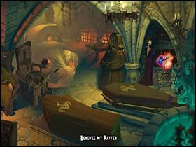 W dalszej kolejności zostają przepytane szczury (jak się okazuje - włoskie), siedzące we wnęce po prawej - Sala tortur, loch - Zamek Warg - A Vampyre Story - poradnik do gry