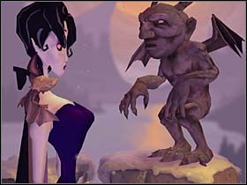 Mona powraca więc na górę, a stamtąd do holu, skąd wędruje na zewnątrz (w prawo), czyli na most, gdzie - nie mogąc dogadać się z gargulcami - wyżywa się na nich, rozwalając maczugą dwa w drobny mak - Most, krucze gniazdo, loch - Zamek Warg - A Vampyre Story - poradnik do gry