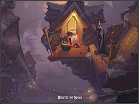 Zatem Mona i Froderick lecą na wieżę usytuowaną tuż nad pochodnią płonącą przy metalowych drzwiach - Most, krucze gniazdo, loch - Zamek Warg - A Vampyre Story - poradnik do gry