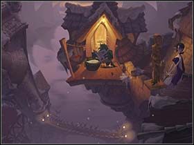 Tam Mona z premedytacją karmi Edgara suszonym mięsem i po chwili kruk usadawia się w dogodnej pozycji, by załatwić potrzebę wprost na głowę Rufusa - Most, krucze gniazdo, loch - Zamek Warg - A Vampyre Story - poradnik do gry