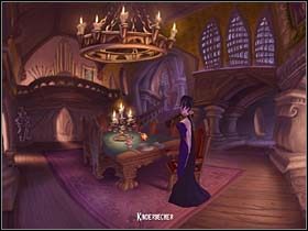 Nasza bohaterka nie odpuszcza sobie powiedzenia Shrowdy'emu paru słów do słuchu, po czym, nie mając na razie jak odpłynąć, wraca po schodkach na górę - Przystań, jadalnia, kuchnia, sala tortur - Zamek Warg - A Vampyre Story - poradnik do gry