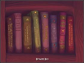 Na koniec nasza bohaterka przygląda się regałowi z książkami (temu bardziej z prawej; zbliżenie) - Biblioteka - Zamek Warg - A Vampyre Story - poradnik do gry