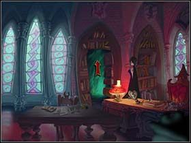 I tak też nasza bohaterka po powrocie do biblioteki czyni (kliknij nowym wizerunkiem książek na regale) - Biblioteka - Zamek Warg - A Vampyre Story - poradnik do gry