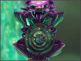 Mona przechodzi po wiszącym mostku w stronę centrum sali, gdzie morda demonicznej statui wypluwa strugi zielonej glutowatej cieczy - Laboratorium - Zamek Warg - A Vampyre Story - poradnik do gry