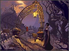 Załatwiwszy ten palący problem, nasza bohaterka ponownie wędruje nad brzeg jeziora (kursor w centrum ekranu), skąd maszeruje pod interesujący ją cmentarz (w lewo) - Brzeg jeziora, przyczepa Cyganki, cmentarz - Miasteczko Vlad's Landing - A Vampyre Story - poradnik do gry