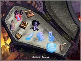 Opuściwszy halę tym samym bocznym wejściem, którym się tu dostała, Mona wygrzebuje ze śmieci (na wprost drzwi) stary bumerang - Uliczki przy nabrzeżu, podwórko, stadion - Miasteczko Vlad's Landing - A Vampyre Story - poradnik do gry