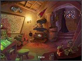 Dziewczyna spogląda przez okienko w górze drzwi i przypomina sobie o pustym zbiorniku na deszczówkę - Cmentarz, biuro cmentarza, grób Mony - Miasteczko Vlad's Landing - A Vampyre Story - poradnik do gry